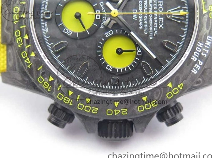 0102 Supportive Daytona DIW Carbon Case and Bezel Black Yellow Dial on Yellow Nylon Strap A 3220